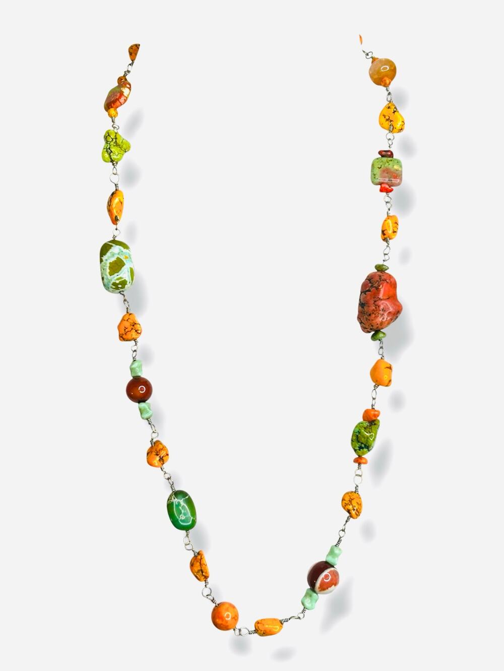 Vintage Hippie Boho Chunky Nugget Bead Station Necklace Silver Tone Link